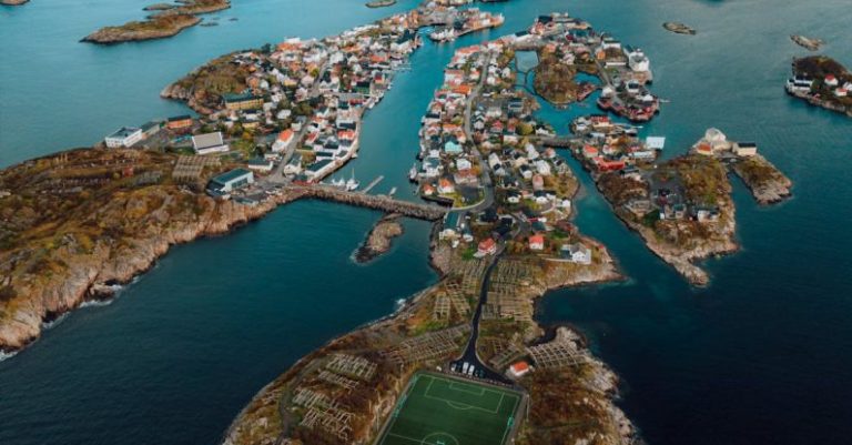 Fjords - Aerial View of the Henningsvaer Stadium on Lofoten Islands in Norway